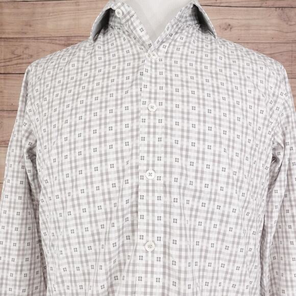 Bugatchi Uomo Shirt Mens Medium Gray White Shaped Fit Gingham Long Sleeve Cotton - Picture 1 of 10